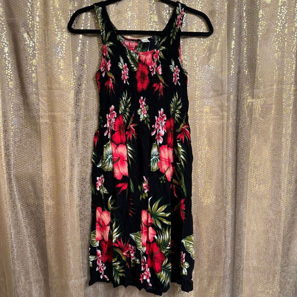 Hibiscus Collection Black Pink Floral Rayon Smocked Hawaiian Dress S/M